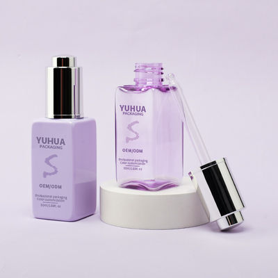 स्पष्ट हरे नीले या सफेद रंग में सिल्क स्क्रीन/हॉट स्टैम्पिंग/लेबलिंग प्रिंटिंग के साथ स्क्वायर सीरम ड्रॉपर बोतलें