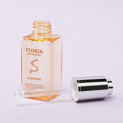 स्पष्ट हरे नीले या सफेद रंग में सिल्क स्क्रीन/हॉट स्टैम्पिंग/लेबलिंग प्रिंटिंग के साथ स्क्वायर सीरम ड्रॉपर बोतलें