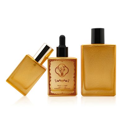 Lucury ग्लास गोल्डन सीरम ड्रॉपर बोतलें इत्र तेल पैकेजिंग लोगो कस्टम 50ml 100ml 120ml