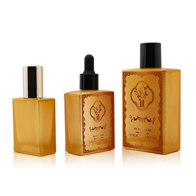 Lucury ग्लास गोल्डन सीरम ड्रॉपर बोतलें इत्र तेल पैकेजिंग लोगो कस्टम 50ml 100ml 120ml